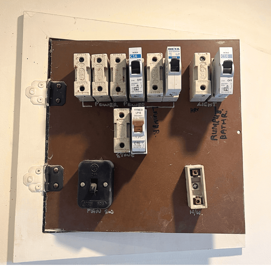 Outdated residential switchboard showing older electrical protection components
