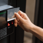 Employee using an access card and keypad at a commercial entry door